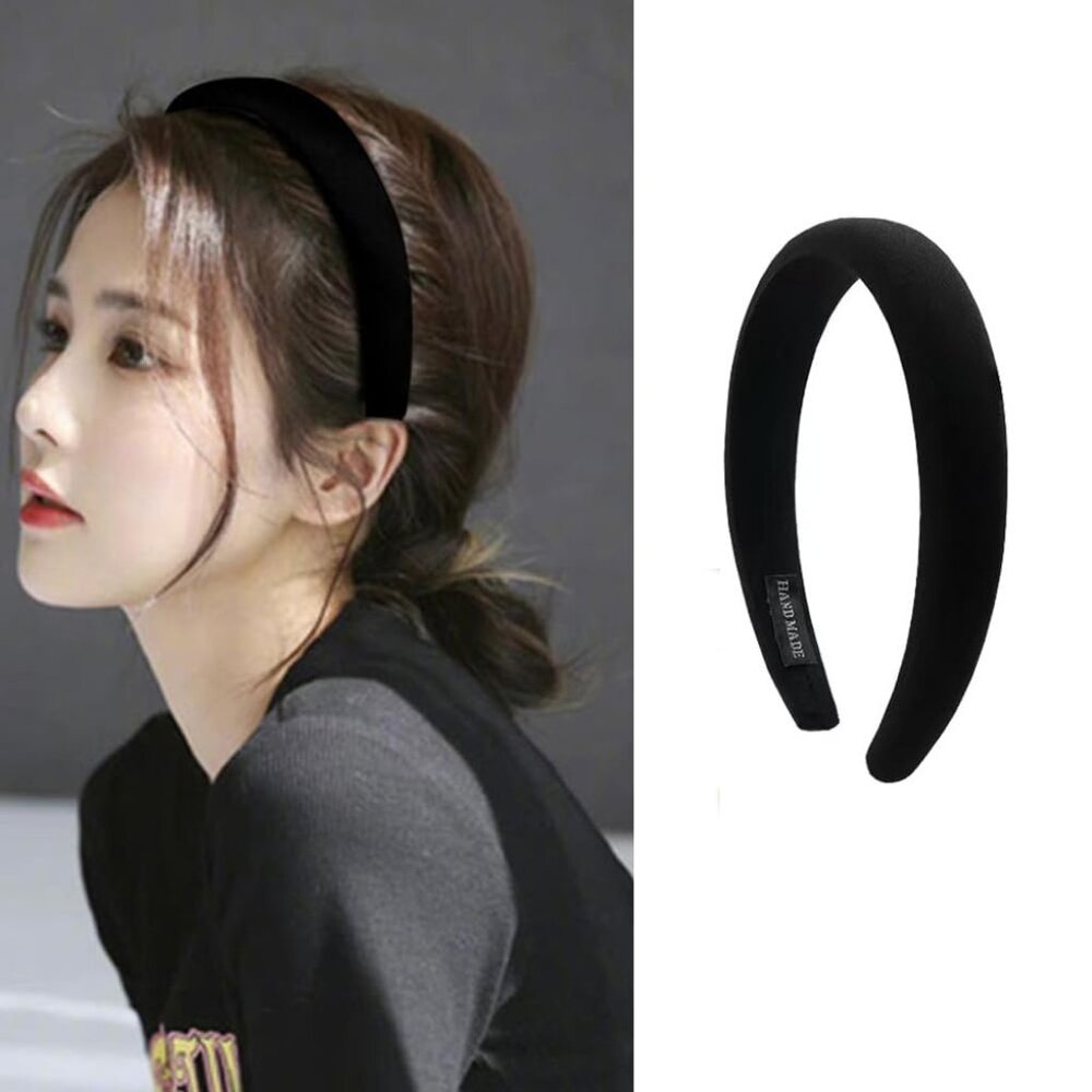 Black Wide Headbands - Thick Padded Satin Hairbands for Women, Girls' Hair Acces